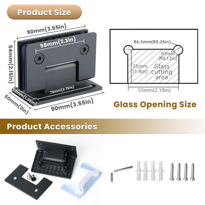 Alise Glass Shower Door Hinges, 90 Degree Hinges for Bathroom Doors,Heavy Duty Stainless Steel Cabinet Hinge Wall to Glass,Frameless Shower Doors Hardware Replacement Part,Black (1P) - Image 2